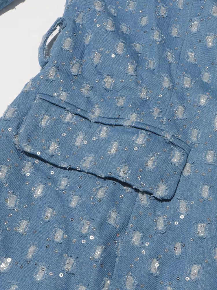 Sequin Denim Trench Coat with Adjustable Belt