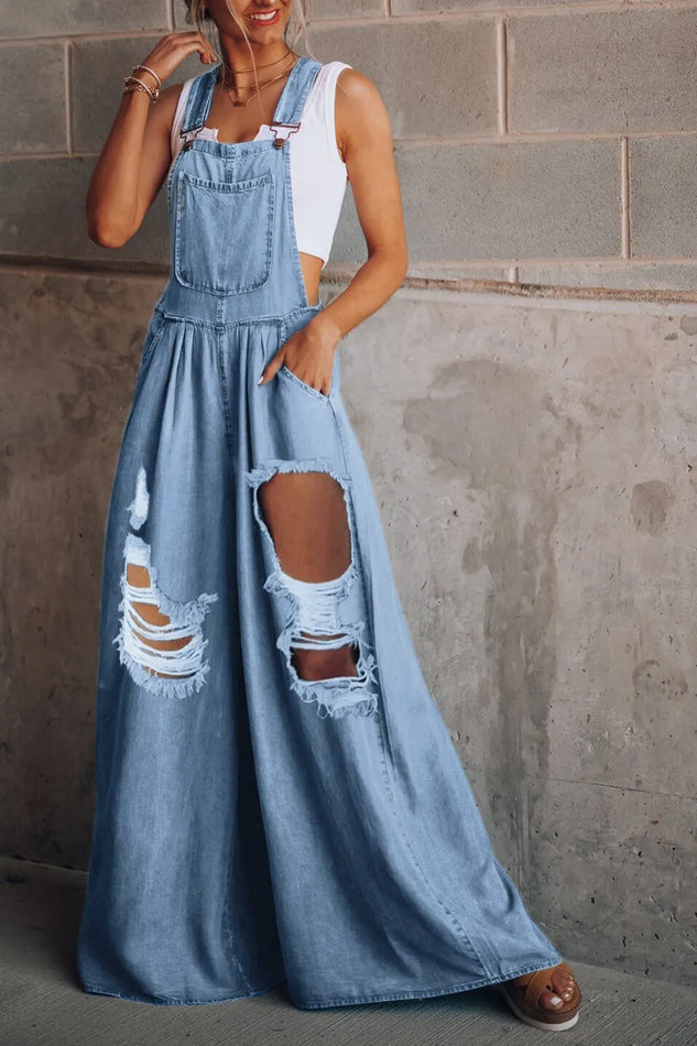distressed wide leg denim jumpsuit