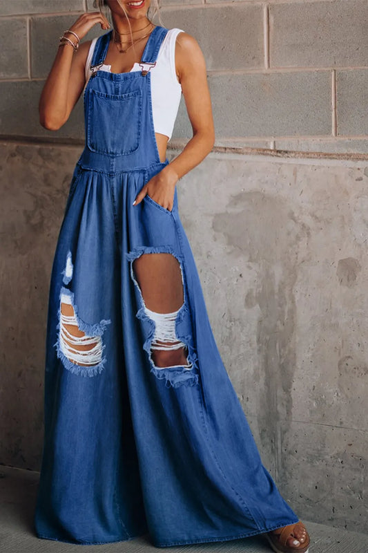 Distressed Wide Leg Denim Overalls image 3