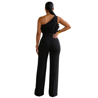 One-Shoulder Ruffled Wide-Leg Jumpsuit