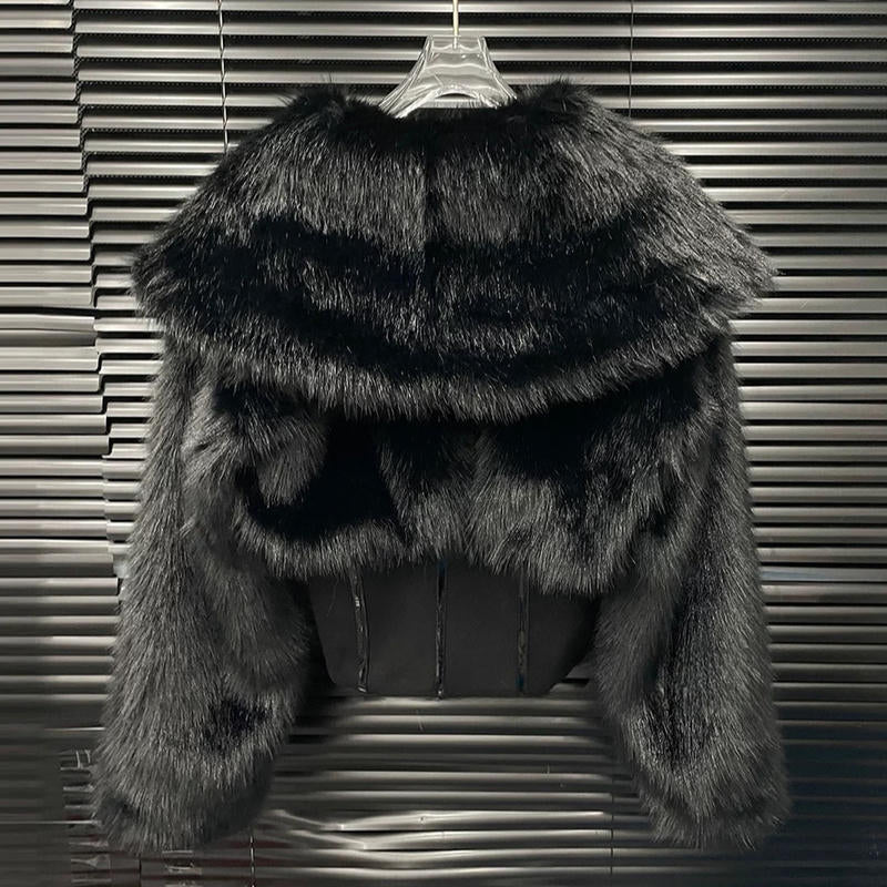 Women's Black Luxe Faux Fur Cropped Jacket with Hood and Gold-Zip Details