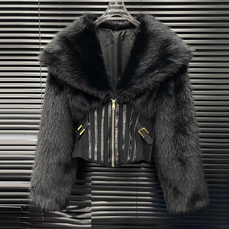 Women's Black Luxe Faux Fur Cropped Jacket with Hood and Gold-Zip Details