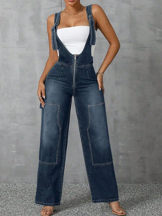 Zip Front Wide Strap Denim Overalls image 2