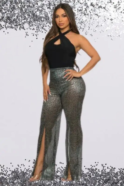 Halter Neck Silver Metallic Cheetah Print Leg Jumpsuit.
