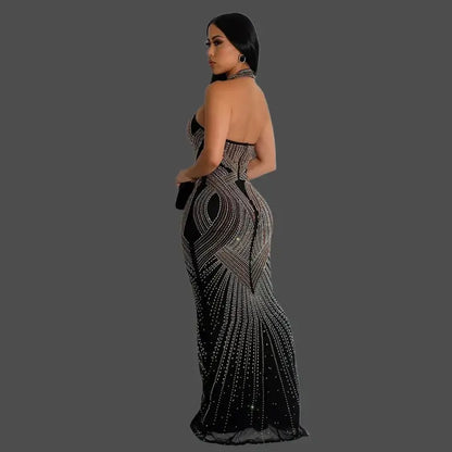 Hollywood Rhinestone Beaded Floor Length Dress (S-2XL)