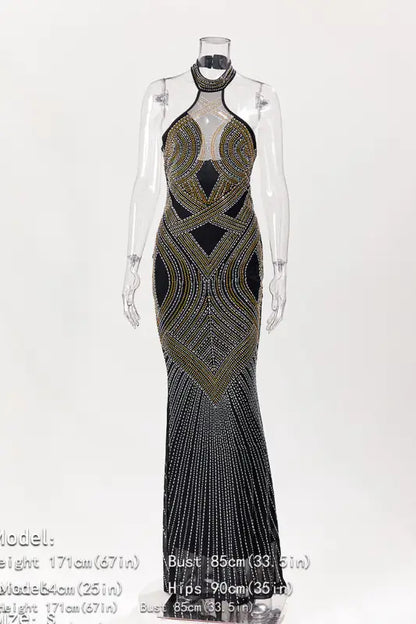 Hollywood Rhinestone Beaded Floor Length Dress (S-2XL)
