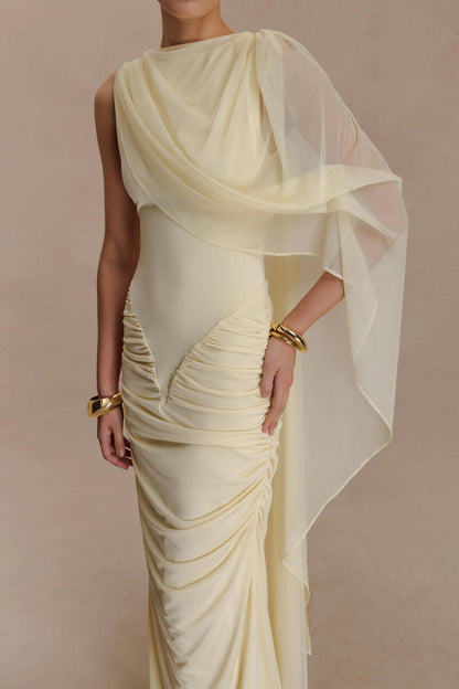 Top Tier Draped Mesh Maxi Dress