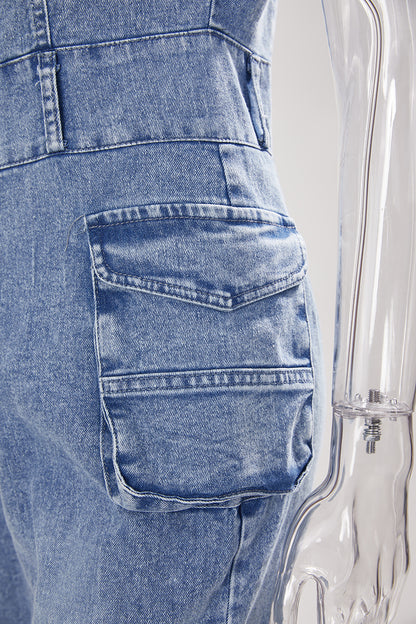 On A Mission Short Sleeve Cargo Denim Jumpsuit