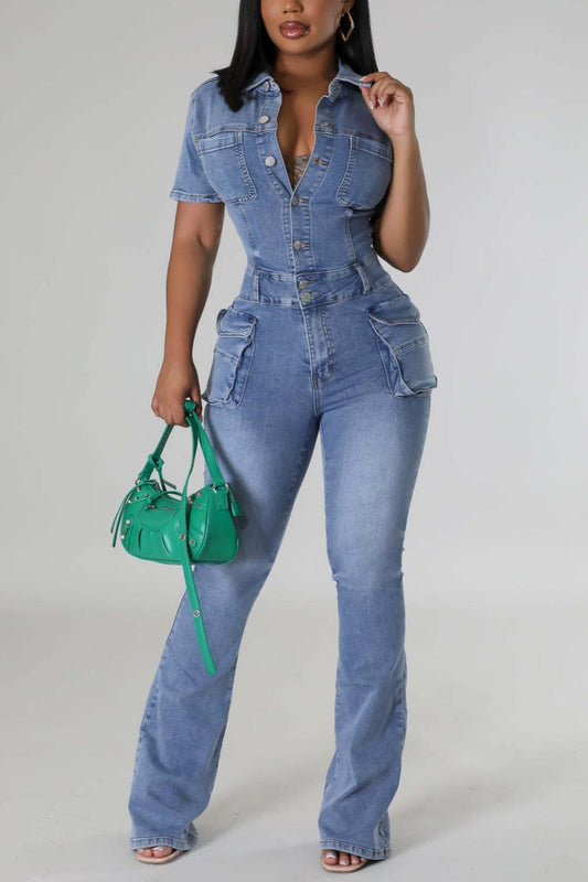 On A Mission Short Sleeve Cargo Denim Jumpsuit image 2