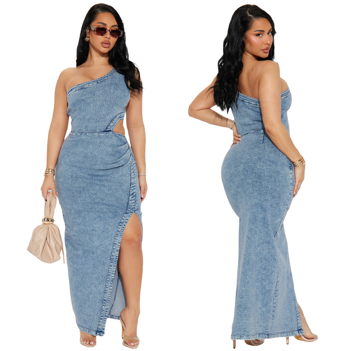 Open Waist High Slit Denim Maxi Dress