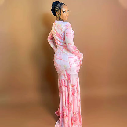 Vibrant Tie-Dye Shirring Floor Length Dress