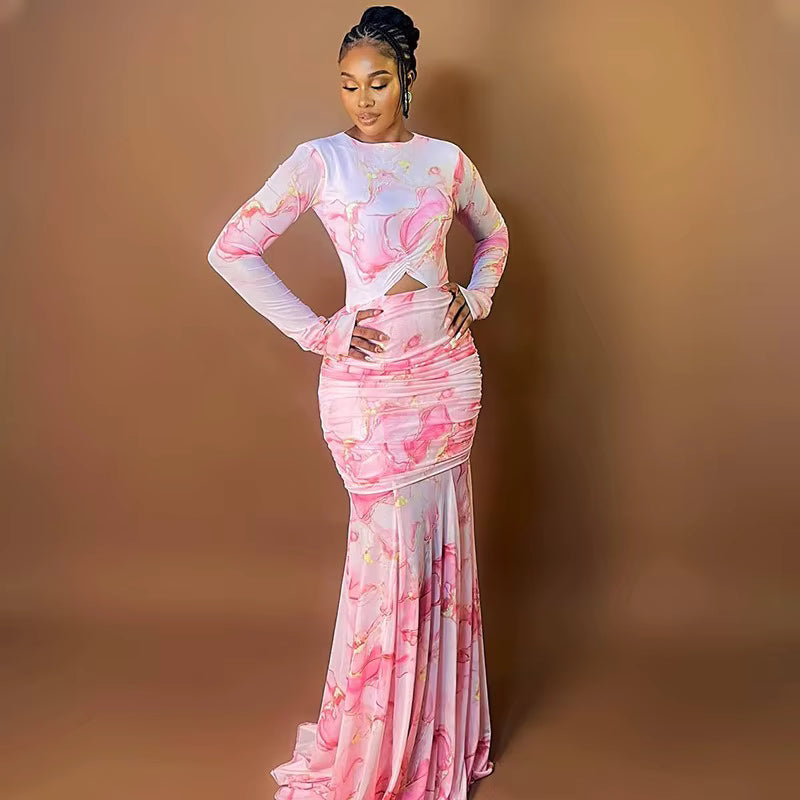 Vibrant Tie-Dye Shirring Floor Length Dress – Blazing Beauty