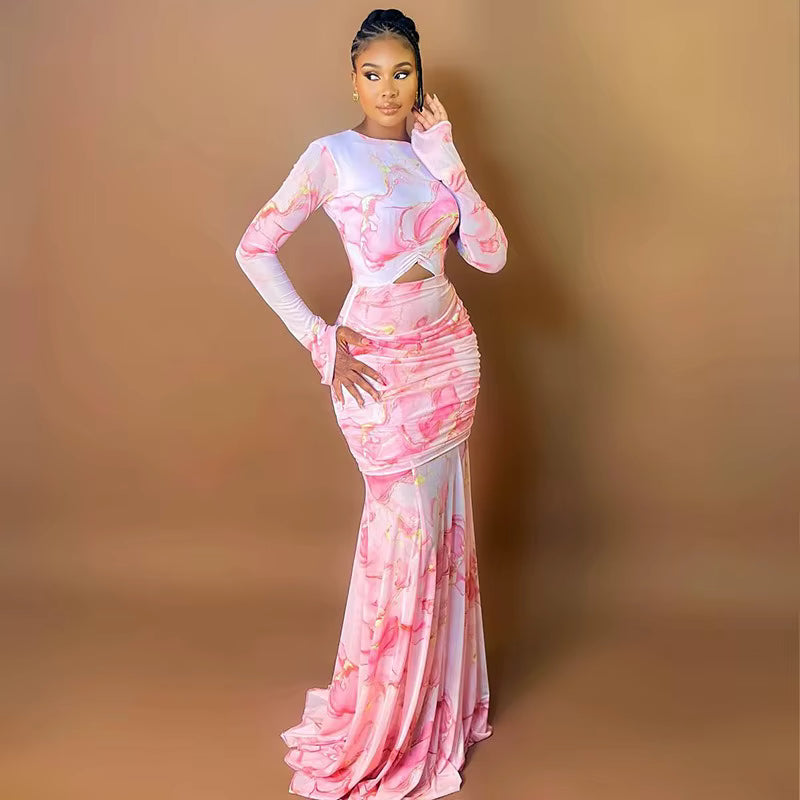 Vibrant Tie-Dye Shirring Floor Length Dress