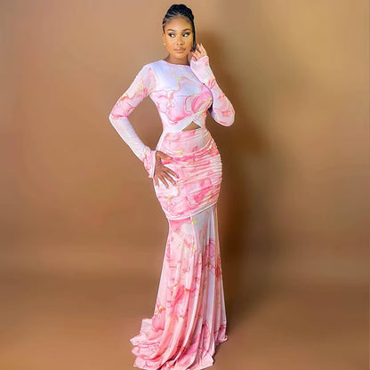 Vibrant Tie-Dye Shirring Floor Length Dress