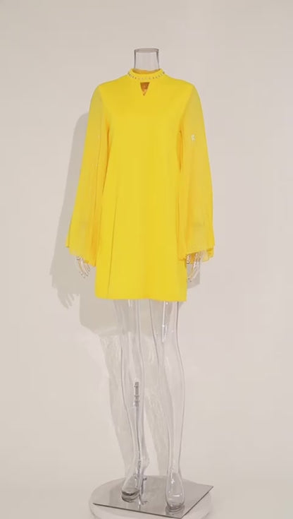 Rhinestone Collar Open Pleated Sleeve Mini Dress