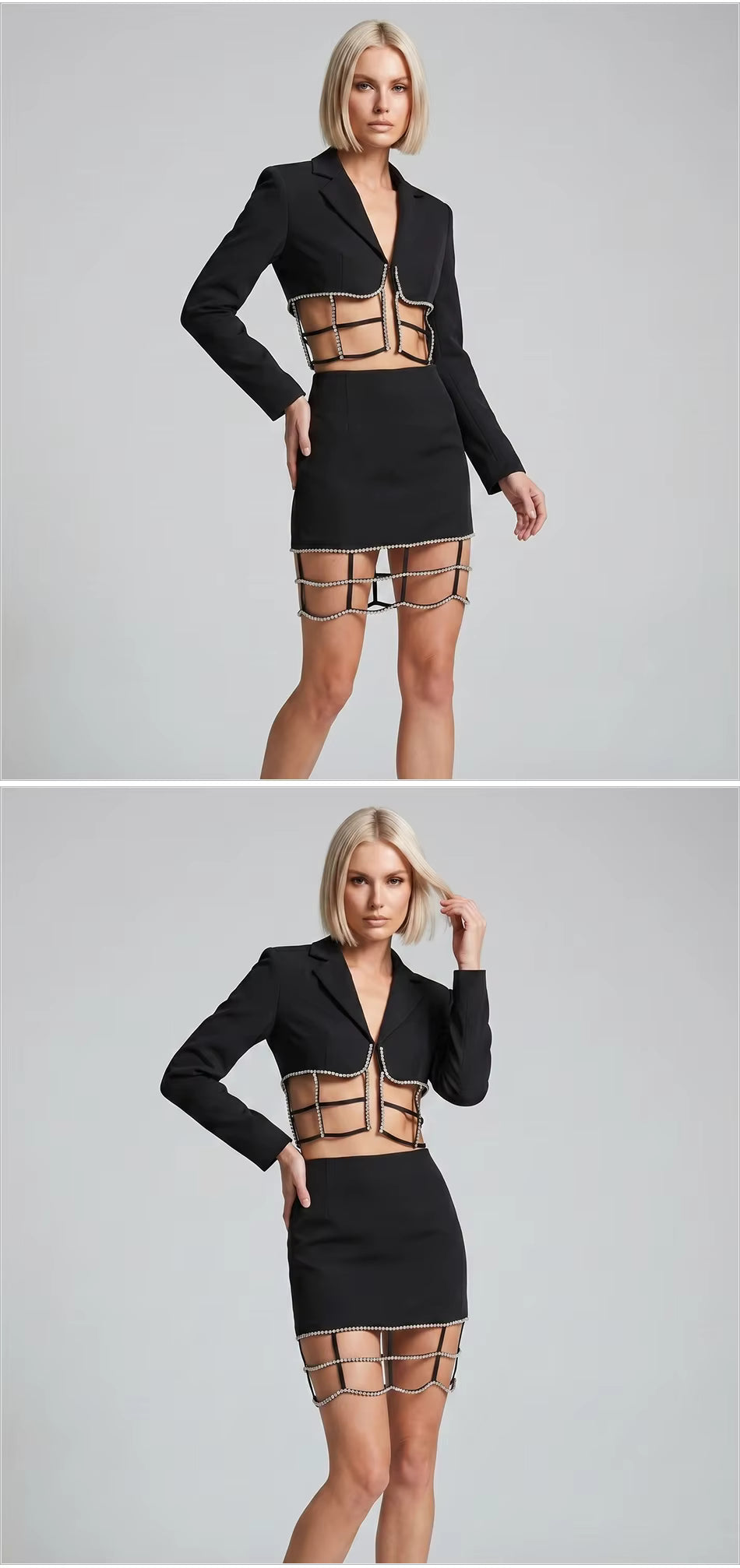 Rhinestone Decor Cut-Out Blazer Mini Skirt Set