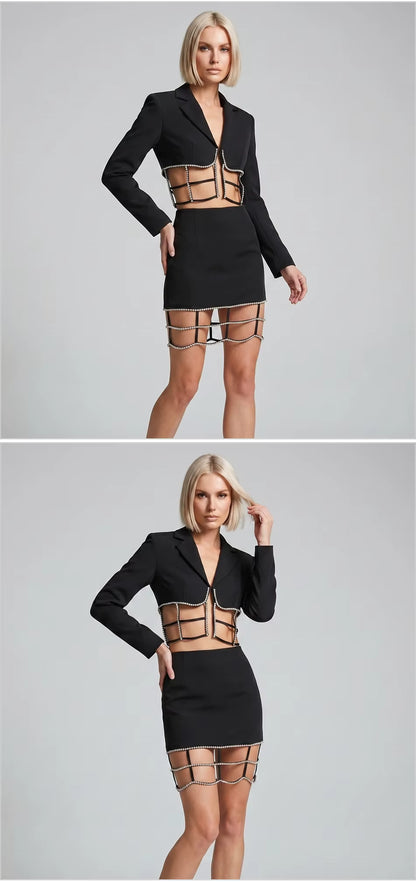 Rhinestone Decor Cut-Out Blazer Mini Skirt Set