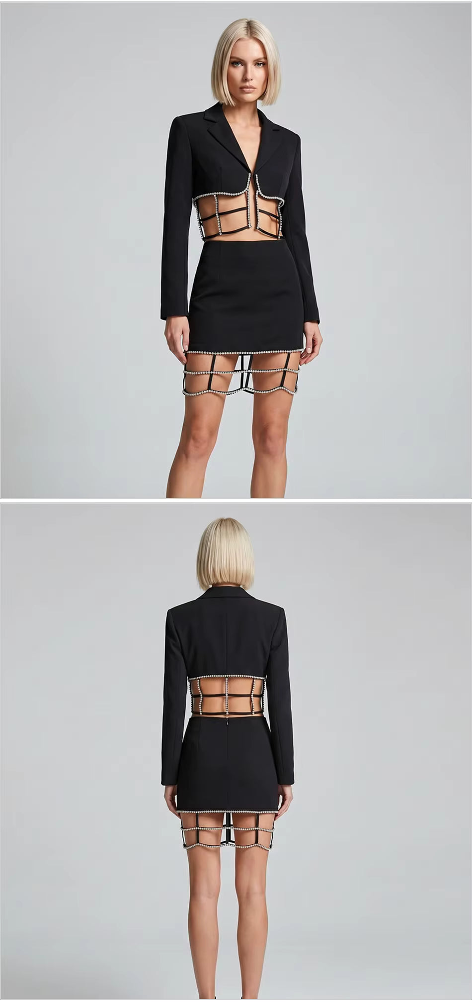 Rhinestone Decor Cut-Out Blazer Mini Skirt Set