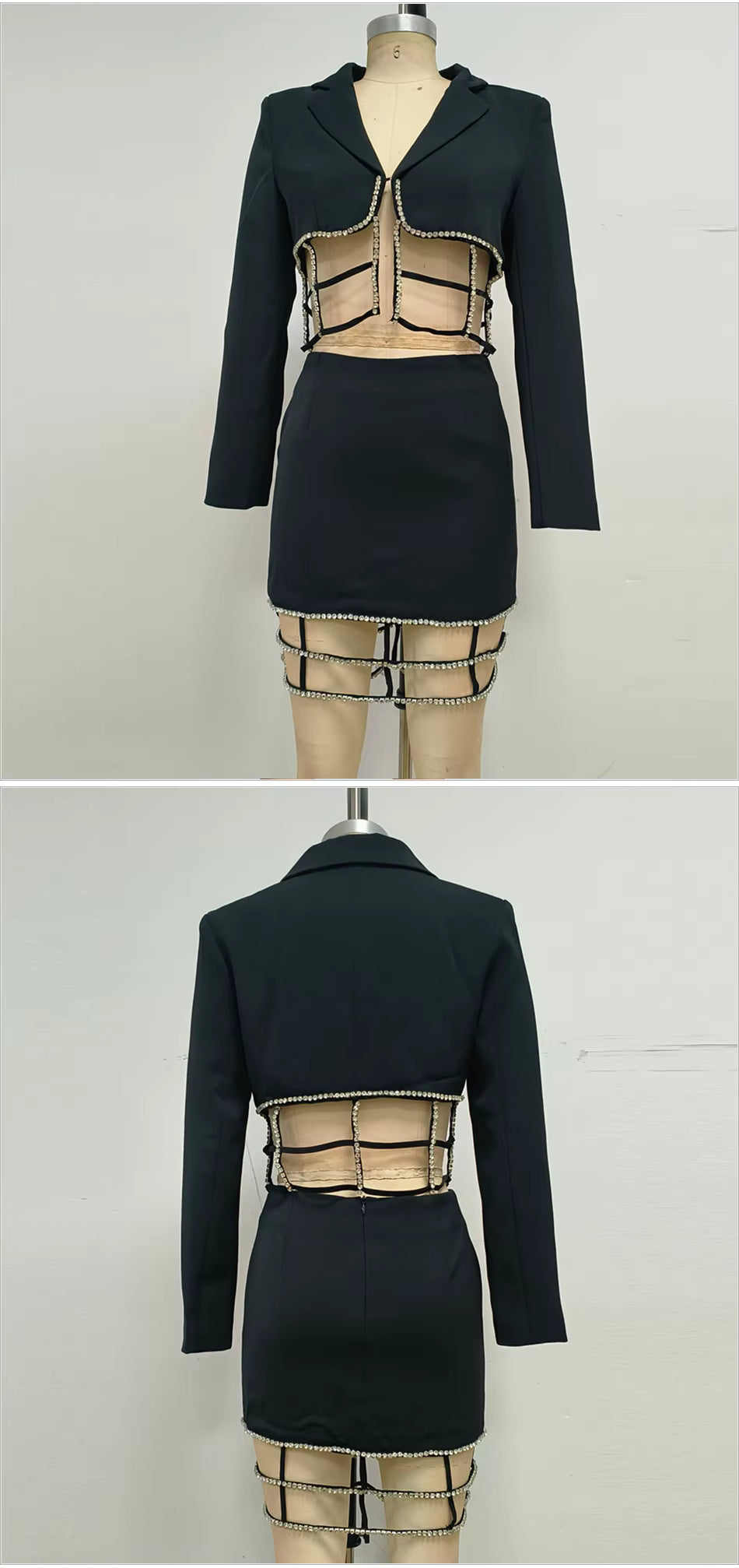 Rhinestone Decor Cut-Out Blazer Mini Skirt Set