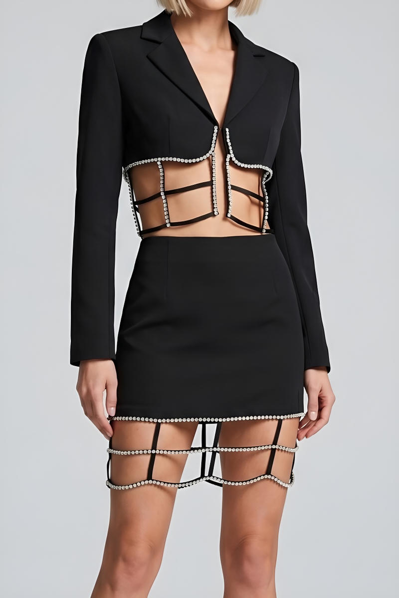 Rhinestone Decor Cut-Out Blazer Mini Skirt Set