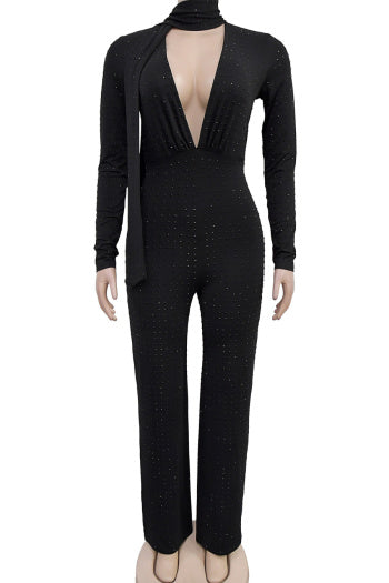 Scarf Collar Deep V-Neck Rhinestone Jumpsuit