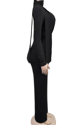 Scarf Collar Deep V-Neck Rhinestone Jumpsuit