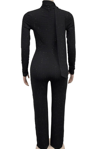 Scarf Collar Deep V-Neck Rhinestone Jumpsuit