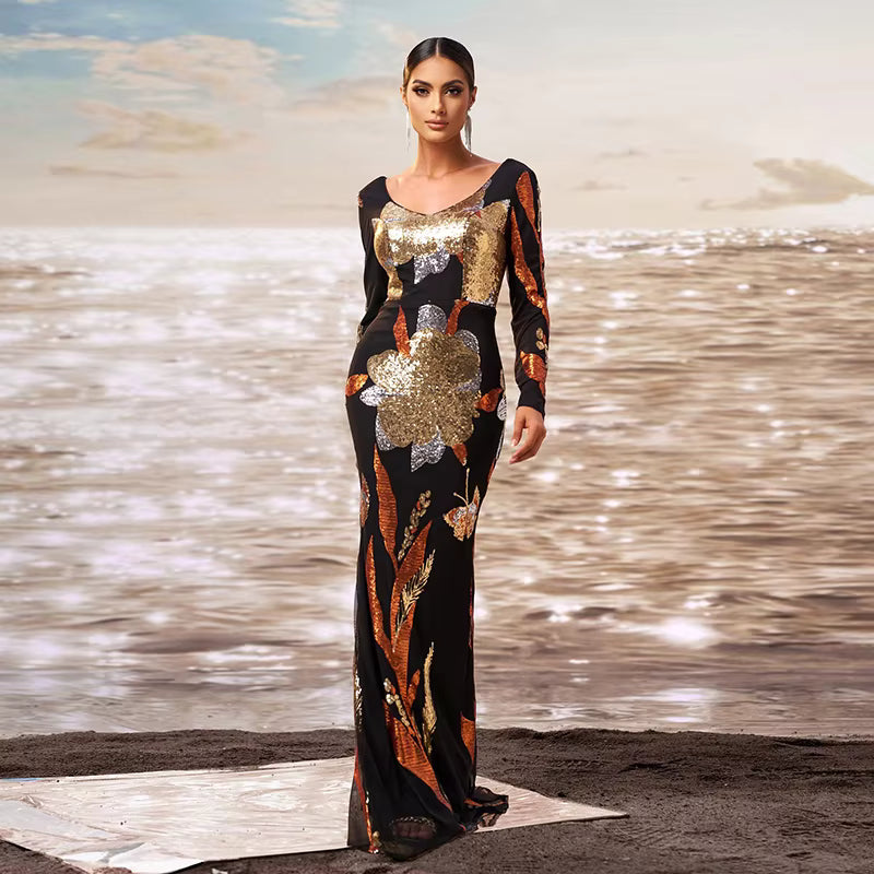 Sequin Flower Bomb Mermaid Maxi Dress