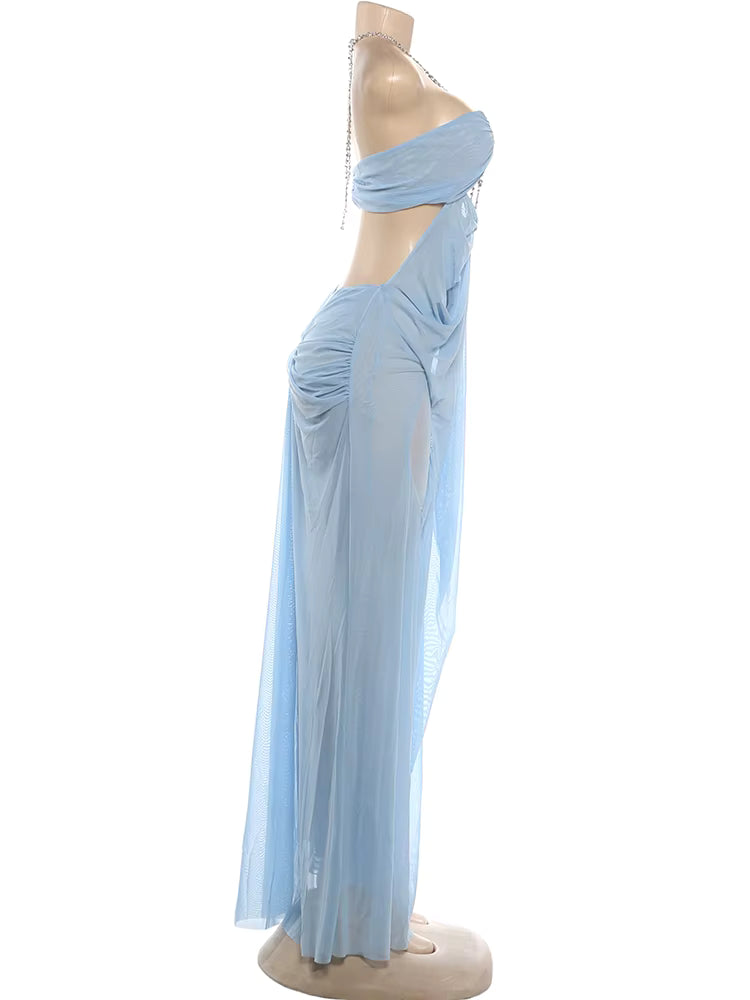 Ice Queen Rhinestone Strap Sheer Maxi Dress