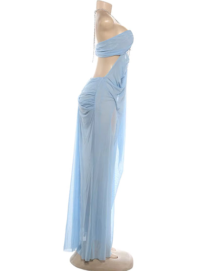 Ice Queen Rhinestone Strap Sheer Maxi Dress