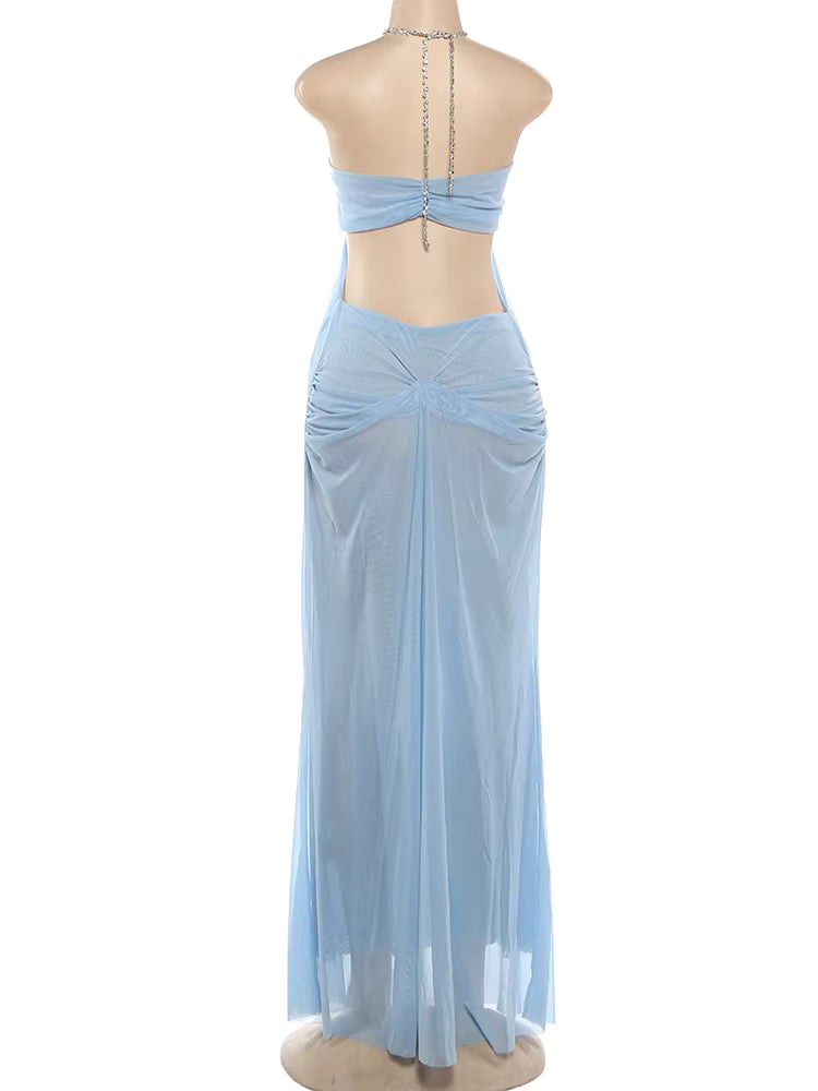Ice Queen Rhinestone Strap Sheer Maxi Dress