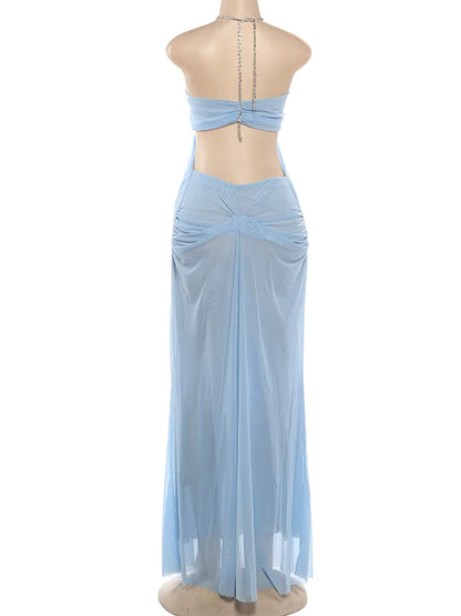 Ice Queen Rhinestone Strap Sheer Maxi Dress