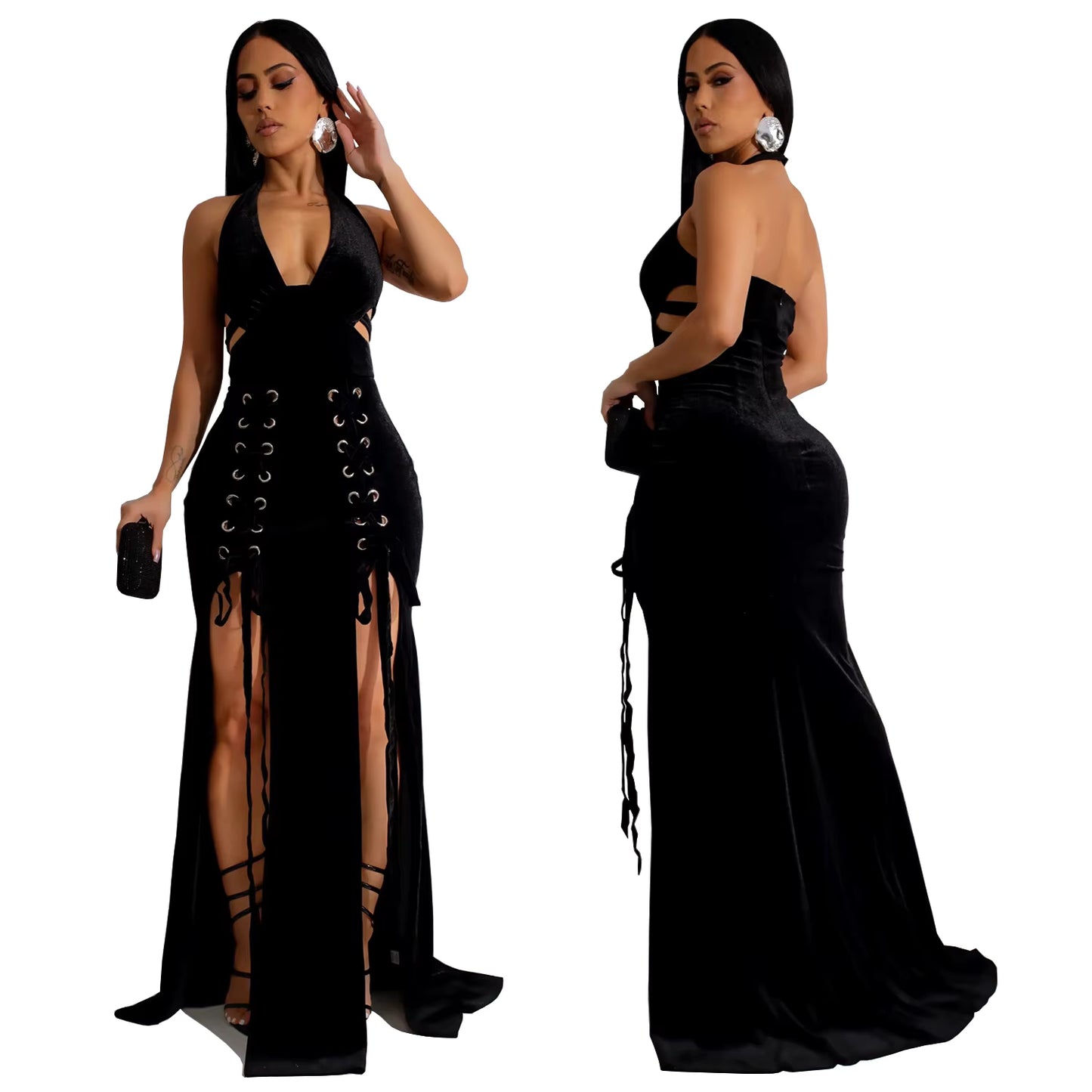 Velvet Halter Neck Double Split Maxi Dress