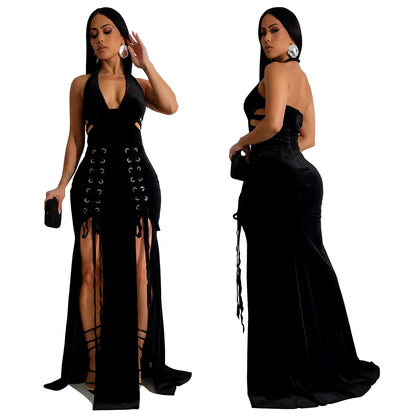 Velvet Halter Neck Double Split Maxi Dress