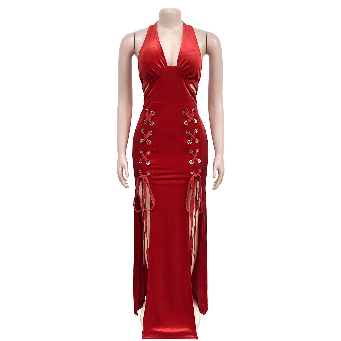 Velvet Halter Neck Double Split Maxi Dress