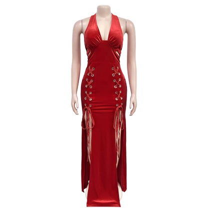 Velvet Halter Neck Double Split Maxi Dress