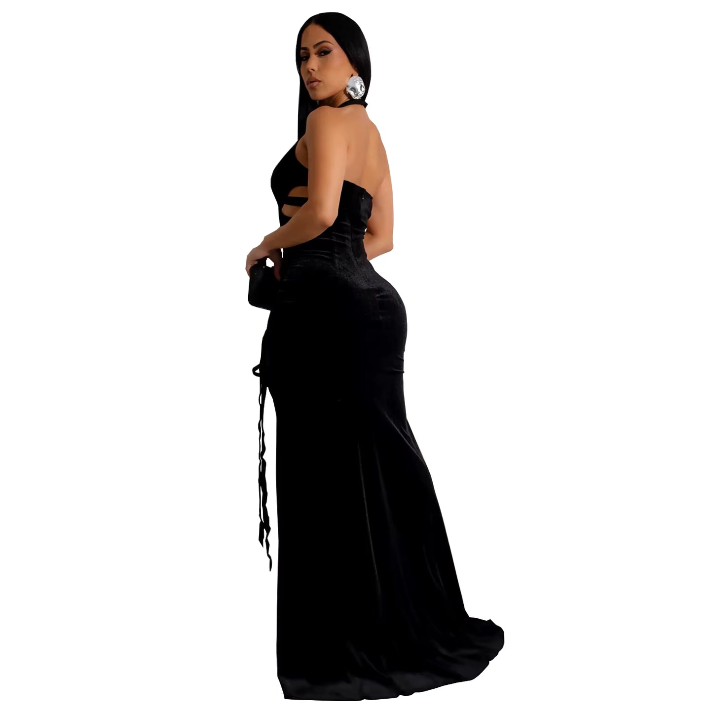 Velvet Halter Neck Double Split Maxi Dress