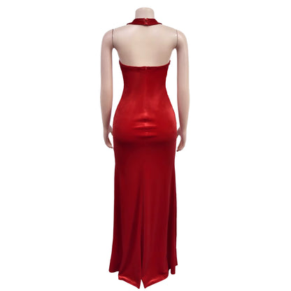 Velvet Halter Neck Double Split Maxi Dress